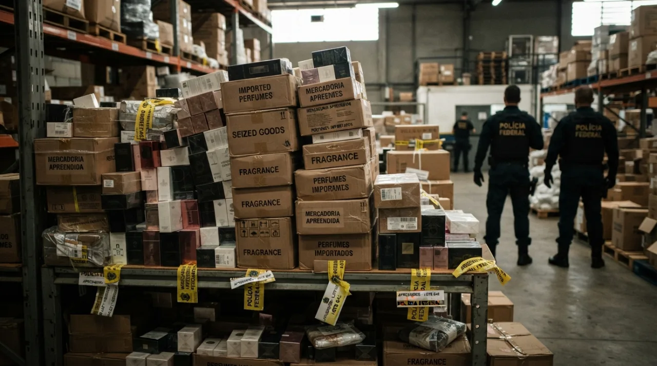 Cena realista mostrando caixas de perfumes importados apreendidas por autoridades em um armazém, iluminação dramática, tom jornalístico, foco em mercadorias ilegais, sem exibição d